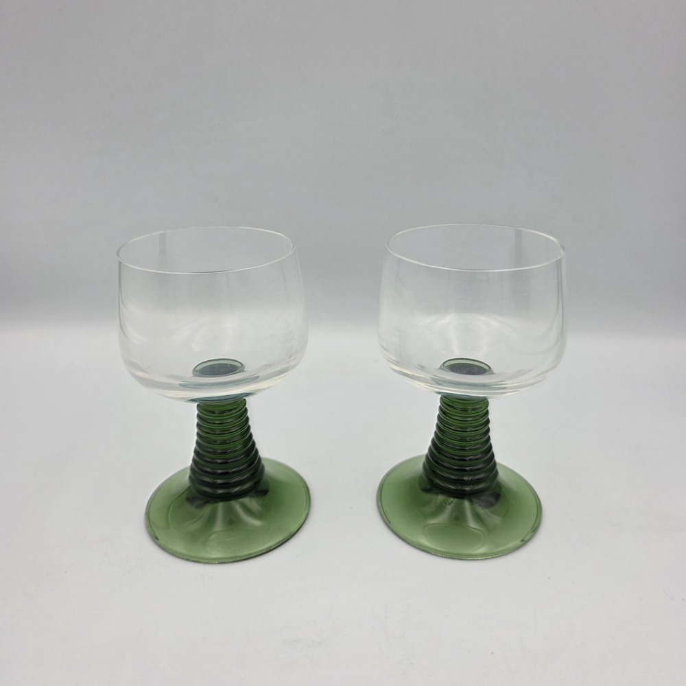 2 Vtg MCM German Roemer Green Beehive Stem Wine Glasses Crystal‎ 4.5" Tall